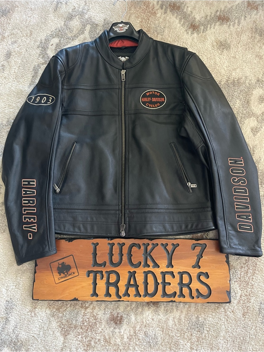 Harley-Davidson Black Leather Bomber with Orange Logo Details